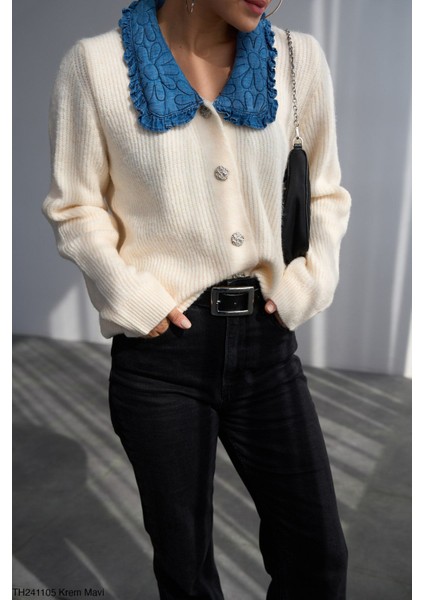 Jean Yaka Detaylı Triko Hırka