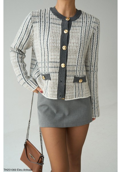 Kadın Antrasit Gold Düğmeli Hırka