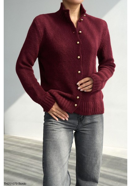 Bordo Dik Yaka Inci Düğmeli Hırka fiyatları