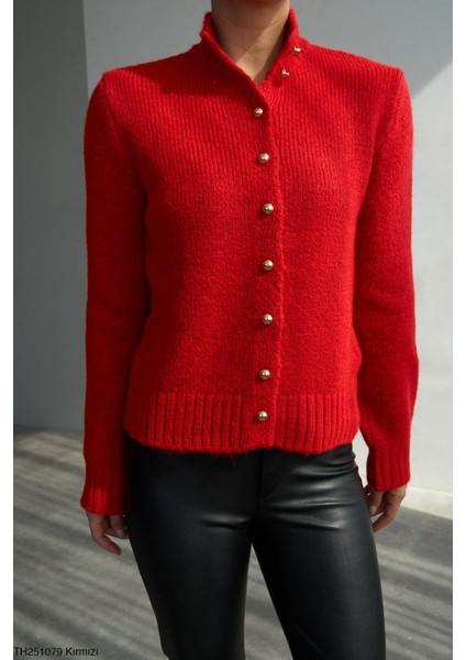 Kırmızı Dik Yaka Inci Düğmeli Hırka fiyatları