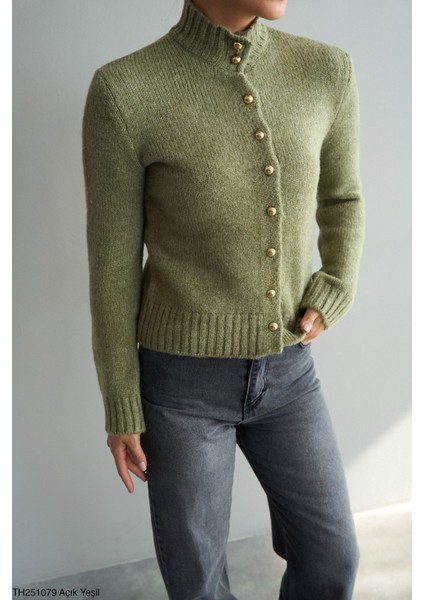 Açık Yeşil Dik Yaka Inci Düğmeli Hırka fiyatları