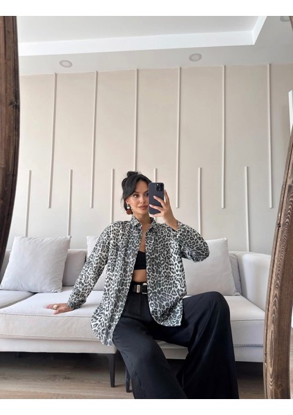 Siyah Leopar Gabardin Gömlek modelleri