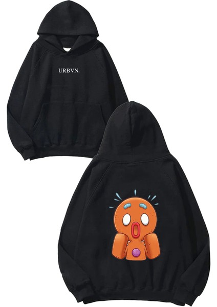 Cookie Surprised Tasarım Baskılı Oversize Siyah Kapüşonlu Sweatshirt