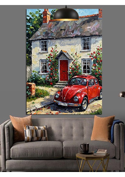 Taş Ev Önünde Park Etmiş Parlak Kırmızı Araba Dekoratif Kanvas - Mdf Ahşap Tablo