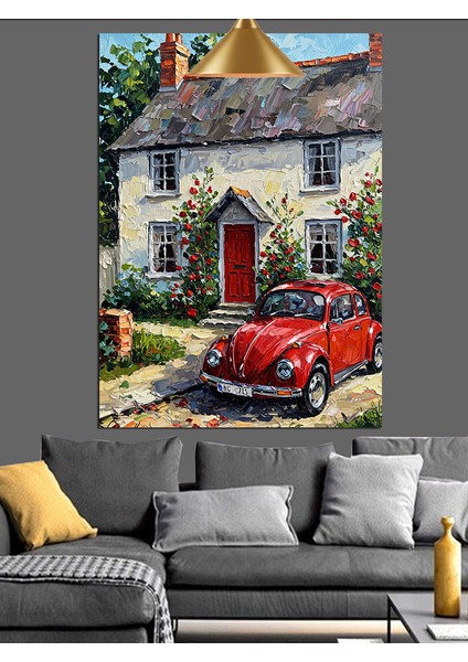 Taş Ev Önünde Park Etmiş Parlak Kırmızı Araba Dekoratif Kanvas - Mdf Ahşap Tablo fırsatları