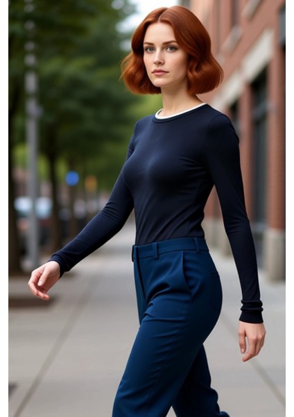 Kadın Düz Desenli Bisiklet Yaka Uzun Kollu Esnek Örme Kaliteli Şık Rahat Modern Zarif Günlük