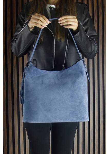 Mavi Hakiki Dana Süet Püsküllü Manyetik Kapaklı Büyük Boy Günlük Omuz Çantası ve El Çantası indirimleri