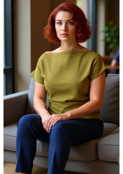 Kadın Oversize Dokuma Bluz Asimetrik Yaka Detaylı Kaliteli Şık Rahat Modern Zarif Günlük