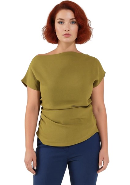 Kadın Oversize Dokuma Bluz Asimetrik Yaka Detaylı Kaliteli Şık Rahat Modern Zarif Günlük fiyatları