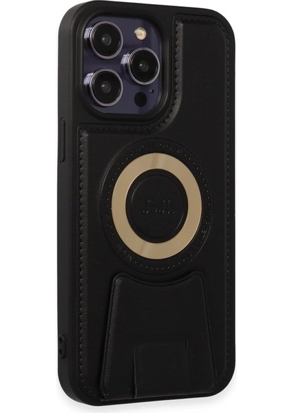 Aksesuar 14 Pro Max Için ile Uyumlu Arkası Deri Görünümlü, Yapıya Sahip Kamera Çerçeveli Ultra Güçlendirilmiş Özellikli Açılır Darbeye Dayanıklı Kılıf (Siyah)