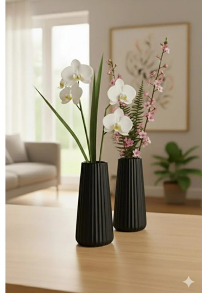 Modern Dekorasyon Şık Beyaz Çizgil Çiçek Vazo - Minimalist ve Zarif Vazo 2'li Set