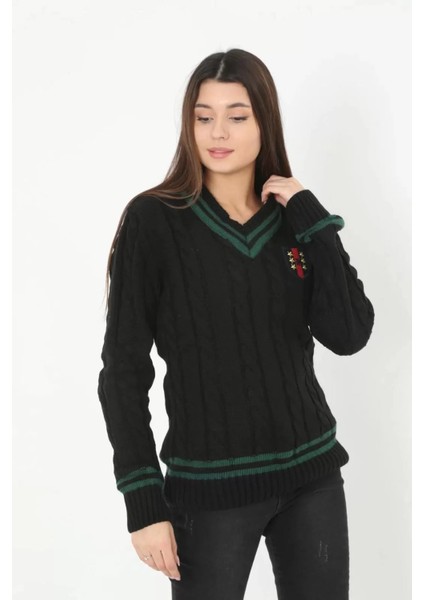 Kadın V Yaka Örgülü Kazak - Siyah fiyatları
