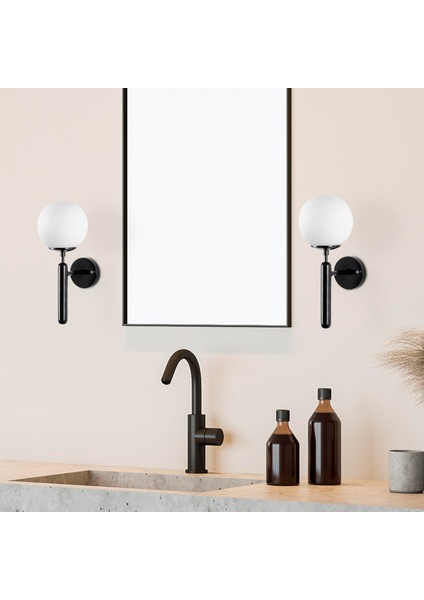 King Modern Tekli Beyaz Glop Cam Aplik Parlak Siyah, Art Deko Dekoratif Duvar Aydınlatma KING-11457