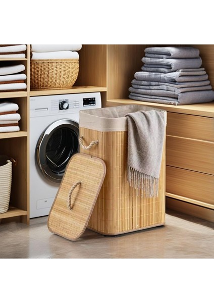 El Yapımı Hasır Katlanır Çamaşır Sepeti Dikdörtgen 72 Litre (40CM*30CM*61CM), Malzemeden Üretilmiş Çamaşırlık, Bambu Kirli Çamaşır Sepeti