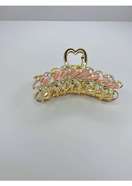 Koyu Pembe Sedef Yansımalı Parlak Taşlı Gold Renkli Saç Tokası