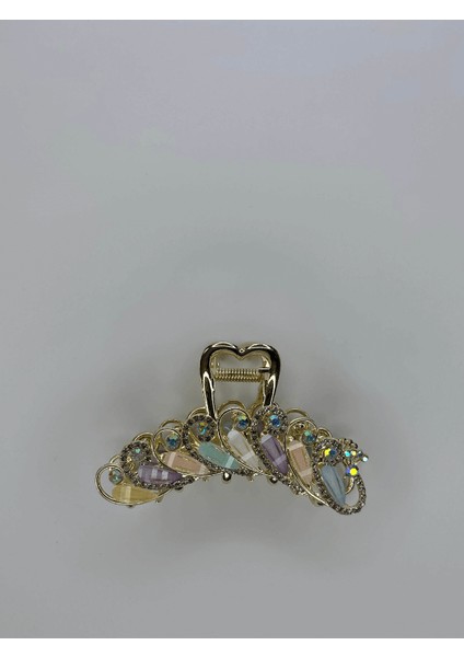 Renkli Pastel Tonlarda Sedef Yansımalı Parlak Taşlı Gold Renkli Saç Tokası