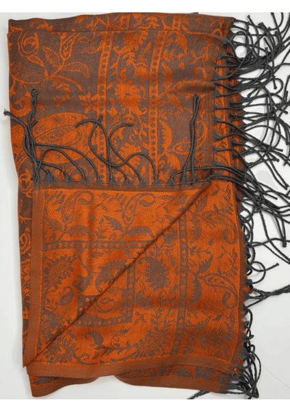 Turuncu-Gri Tonlarında Desenli Ince Şal