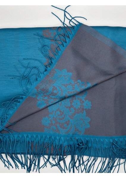 Mavi-Gri Tonlarında Deseneli Ince Şal