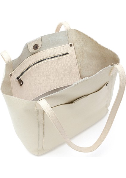 %100 Hakiki Deri Ön Cepli Shopper Kadın El ve Omuz Çantası