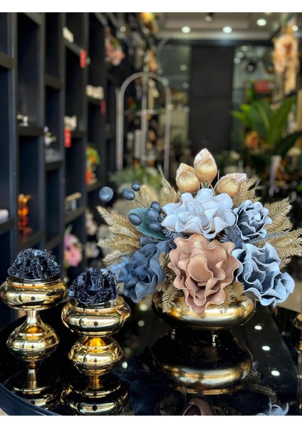 Yapay Çiçekli Gold Yassı Vazo 3 Parça Set No:6