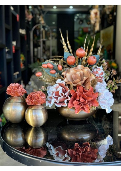 Yapay Çiçekli Antik Yassı Vazo 3 Parça Set No:5