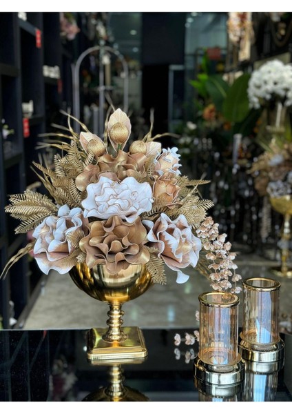 Yapay Çiçekli Gold Kare Ayak Vazo 3 Parça Set No:11