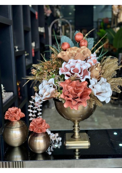 Yapay Çiçekli Antik Kare Ayak Vazo 3 Parça Set No:5