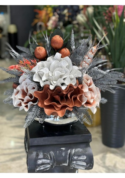 Yapay Çiçek Aranjmanlı Gümüş Yassı Vazo No:17
