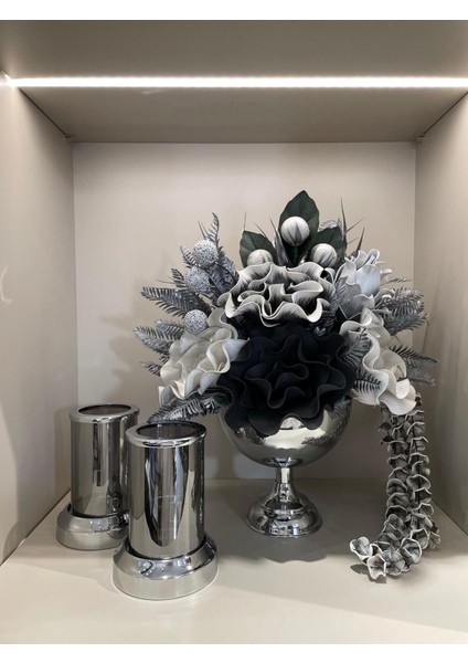 Yapay Çiçekli Gümüş Yuvarlak Vazo 3 Parça Set No:3