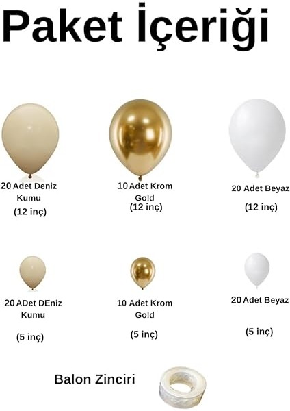 Pazarı ^^ Doğum Günü Konsepti *krom Gold*deniz Kumu*beyaz* 100 Lü Balon Zinciri Parti Seti fiyatları