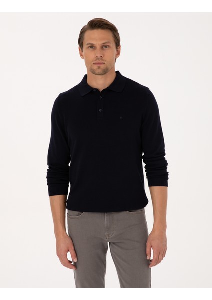 Erkek Lacivert Slim Fit Polo Yaka Basic Triko Kazak 50315405-VR033