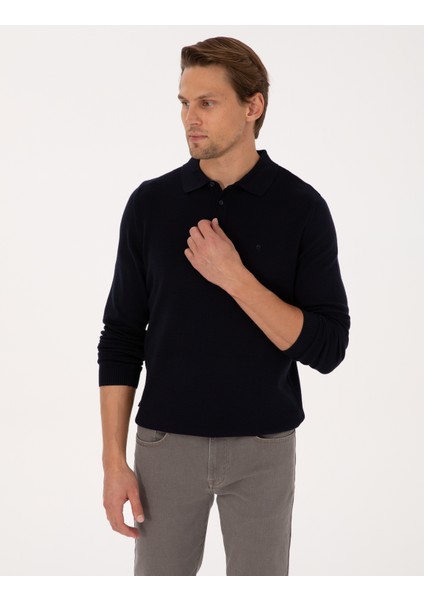 Erkek Lacivert Slim Fit Polo Yaka Basic Triko Kazak 50315405-VR033 modelleri