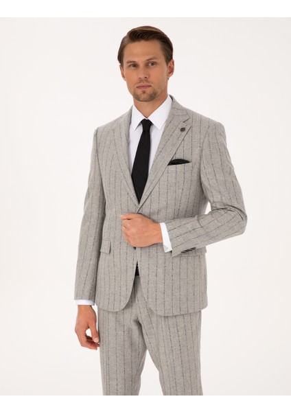 Erkek Gri Slim Fit Yün Kaşmir Karışımlı Çizgili Takım Elbise 50311251-VR024 modelleri