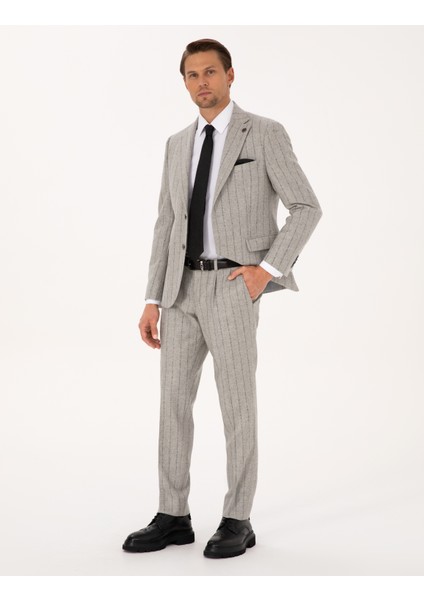 Erkek Gri Slim Fit Yün Kaşmir Karışımlı Çizgili Takım Elbise 50311251-VR024 fırsatları