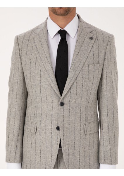 Erkek Gri Slim Fit Yün Kaşmir Karışımlı Çizgili Takım Elbise 50311251-VR024