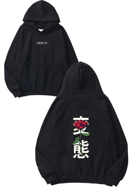 Japon Gül Tasarım Baskılı Oversize Siyah Kapüşonlu Sweatshirt