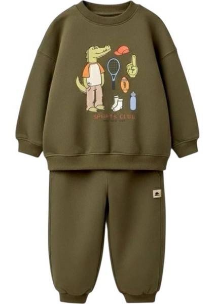 Erkek Çocuk Pamuklu Haki Timsah Baskılı Sweatshirt ve Eşofman Altı Takım - Spor Tarz Rahat Kesim fiyatları