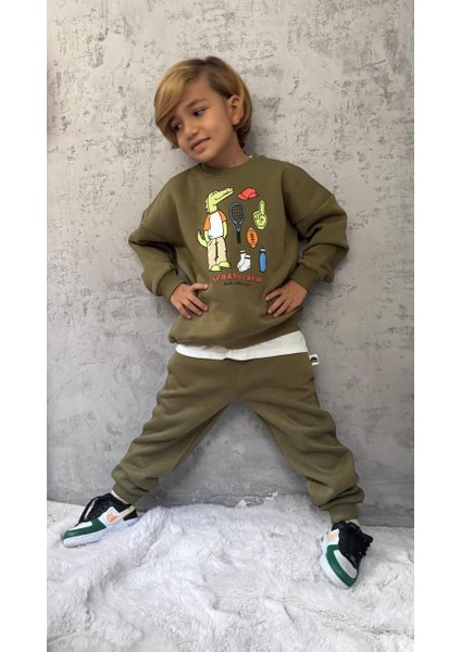 Erkek Çocuk Pamuklu Haki Timsah Baskılı Sweatshirt ve Eşofman Altı Takım - Spor Tarz Rahat Kesim fırsatları
