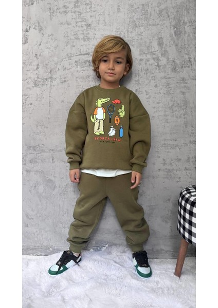 Erkek Çocuk Pamuklu Haki Timsah Baskılı Sweatshirt ve Eşofman Altı Takım - Spor Tarz Rahat Kesim
