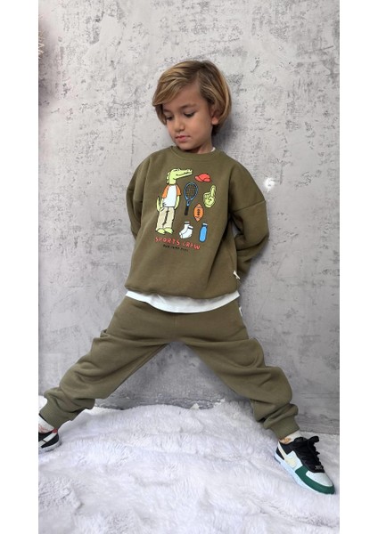 Erkek Çocuk Pamuklu Haki Timsah Baskılı Sweatshirt ve Eşofman Altı Takım - Spor Tarz Rahat Kesim