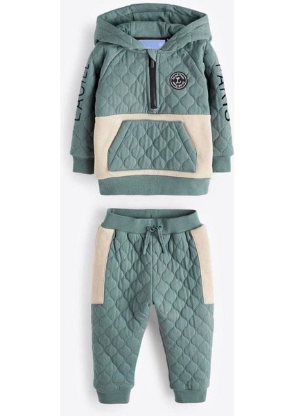Erkek Çocuk Pamuklu Kapitone Kapüşonlu Eşofman Takımı - Yeşil Bej Renkli