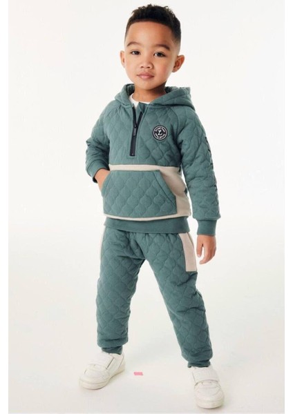 Erkek Çocuk Pamuklu Kapitone Kapüşonlu Eşofman Takımı - Yeşil Bej Renkli