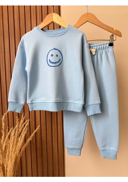 Unisex Çocuk Pamuklu Mavi Smiley Baskılı Eşofman Takımı - Rahat Kalıp modelleri