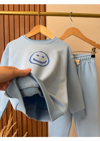 Unisex Çocuk Pamuklu Mavi Smiley Baskılı Eşofman Takımı - Rahat Kalıp fırsatları