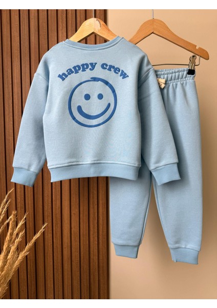 Unisex Çocuk Pamuklu Mavi Smiley Baskılı Eşofman Takımı - Rahat Kalıp indirimleri