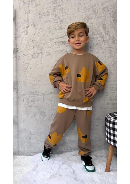 Erkek Çocuk Pamuklu Kahverengi Ayı Desenli Sweatshirt ve Jogger Eşofman Takımı - Rahat Günlük Stil fiyatları