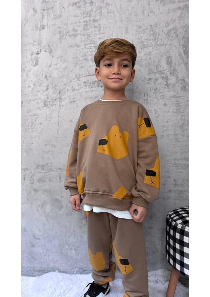 Erkek Çocuk Pamuklu Kahverengi Ayı Desenli Sweatshirt ve Jogger Eşofman Takımı - Rahat Günlük Stil modelleri
