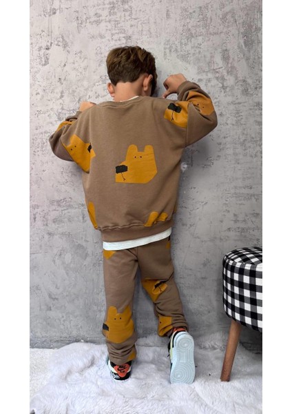 Erkek Çocuk Pamuklu Kahverengi Ayı Desenli Sweatshirt ve Jogger Eşofman Takımı - Rahat Günlük Stil
