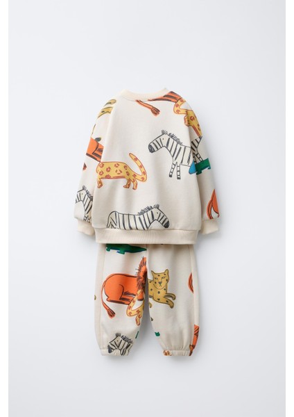 Unisex Çocuk Pamuklu Krem Safari Hayvan Desenli Sweatshirt ve Jogger Eşofman Takım fiyatları