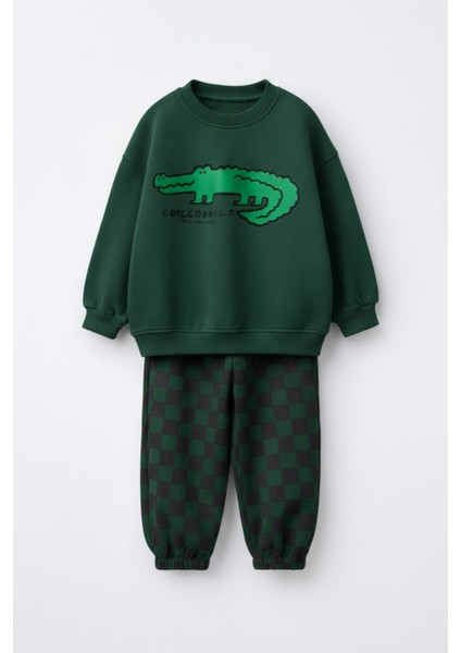 Erkek Çocuk Pamuklu Yeşil Timsah Baskılı Sweatshirt ve Kare Desenli Eşofman Takım